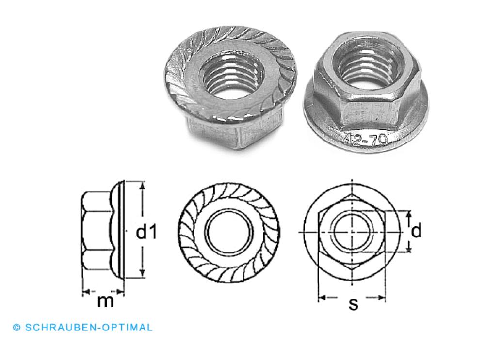 25 pcs DIN 6923 M4 A2 Hexagon flange nuts with serration, Stainless steel