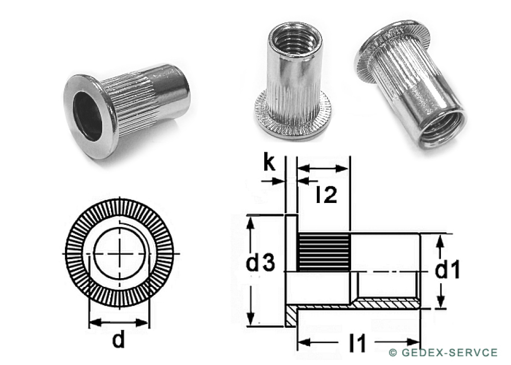 100 Stk Flako-Einnietmuttern M3x9 Rundschaft offen, gerändelt, Edelstahl A2 A1026