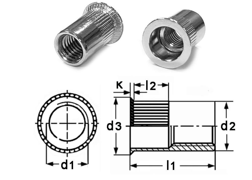 Preview: 25 Stk Einnietmuttern M3x9 mit Senkkopf, Rundschaft offen, gerändelt, Edelstahl A2
