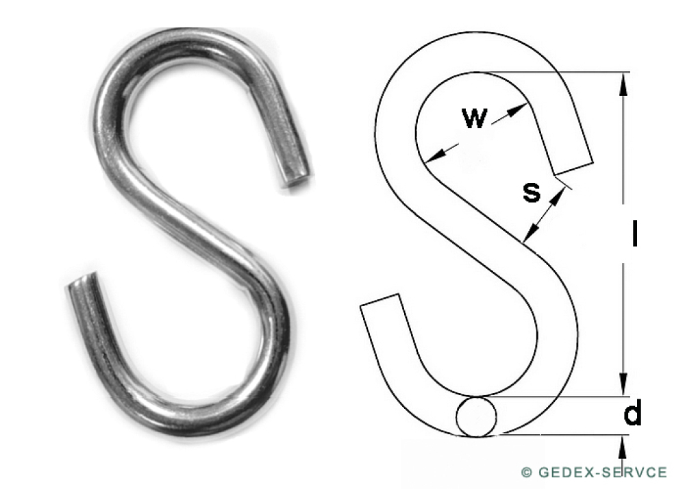 4 pcs S-hook 3x30, symmetric, polished, Steinless steel A4