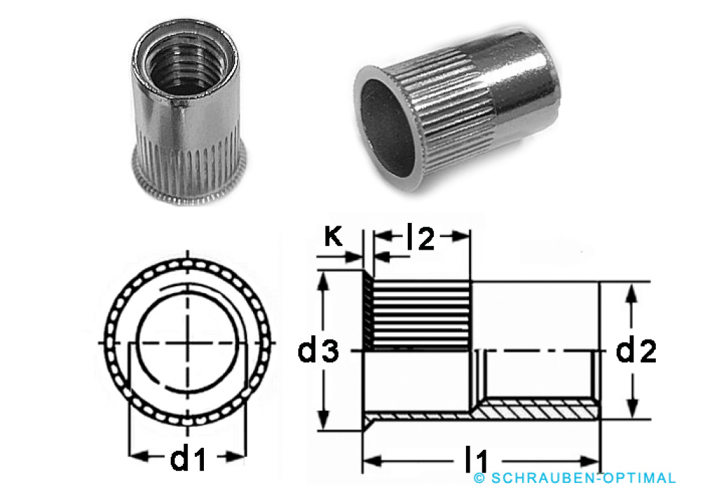 Preview: 25 pcs Rivet nuts M4x10 with small CSK head, open type, knurled, Stainless steel