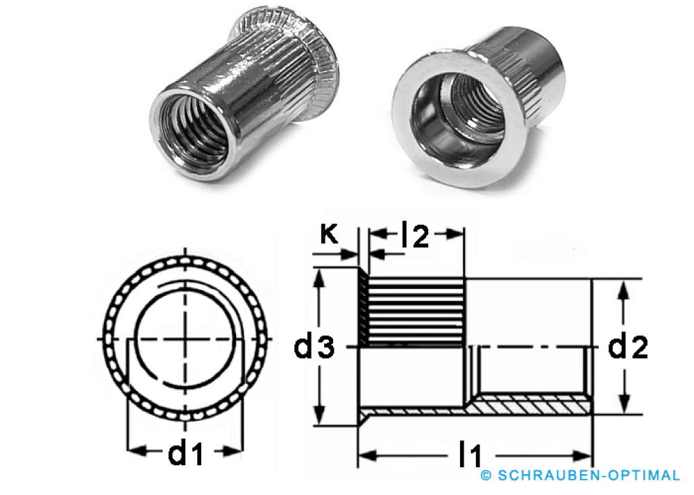25 pcs Rivet nuts M3x9 with CSK head, open type, knurled, stainless steel A2