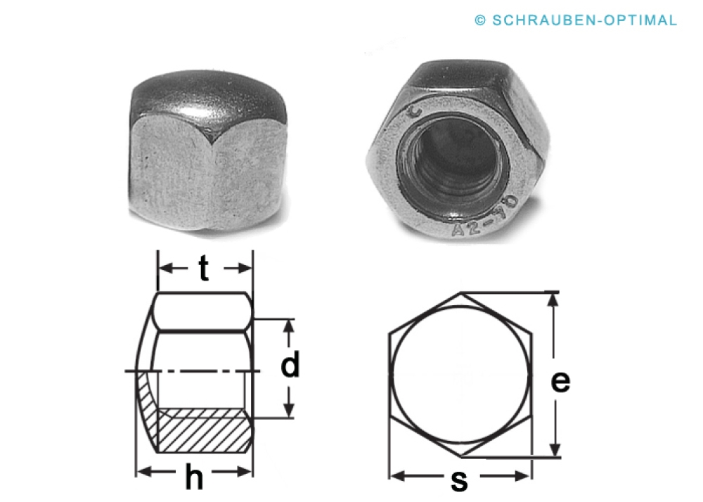 10 pcs DIN 917 M3 A2 Hexagon cap nuts,  stainless steel