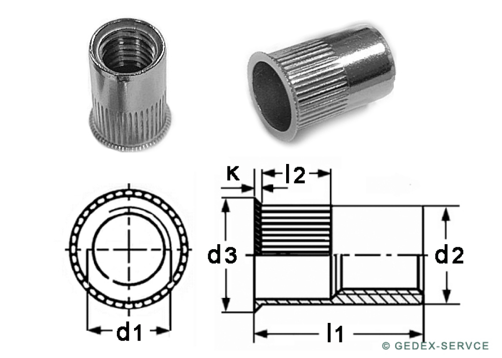 10 pcs Rivet nuts M4x10 with small CSK head, open type, knurled, Stainless steel