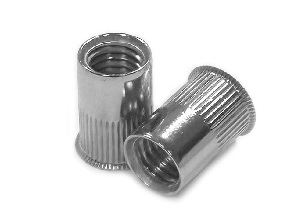 25 Stk Einnietmuttern M4x10 mit kl. Seko, Rundschaft offen, gerändelt, Edelstahl A2