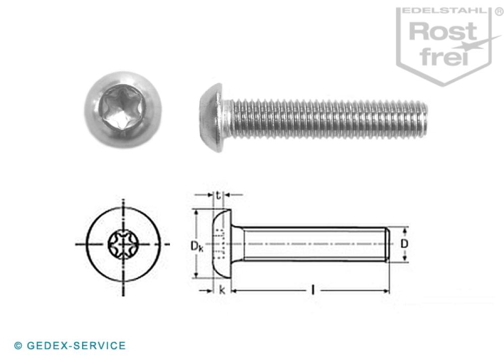 100 pcs ISO 7380 M3x20 TX10 A2 Button head screws, six lobe drive, ISO 7380-1
