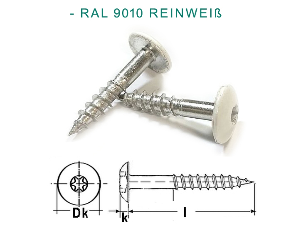 100 pcs 9086 4,8x25 TX -RAL 9010 - pure white / Trespo truss head wood screws with six lobe drive, stanless steel A2